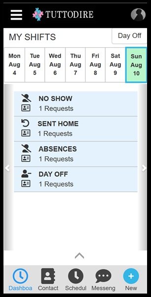 Captura de pantalla de la aplicación TUTTODIRE mostrando el calendario semanal de turnos laborales y solicitudes relacionadas con ausencias y días libres.